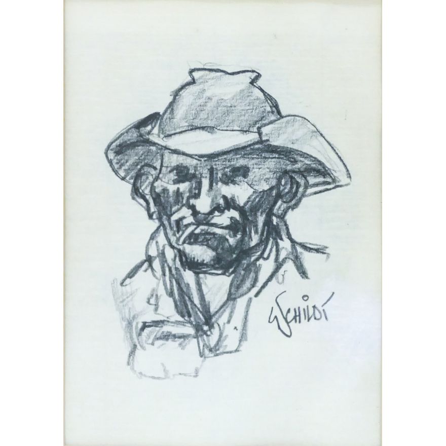Gary Schildt ''Man w/ Cowboy Hat'' Signed Graphite on Paper