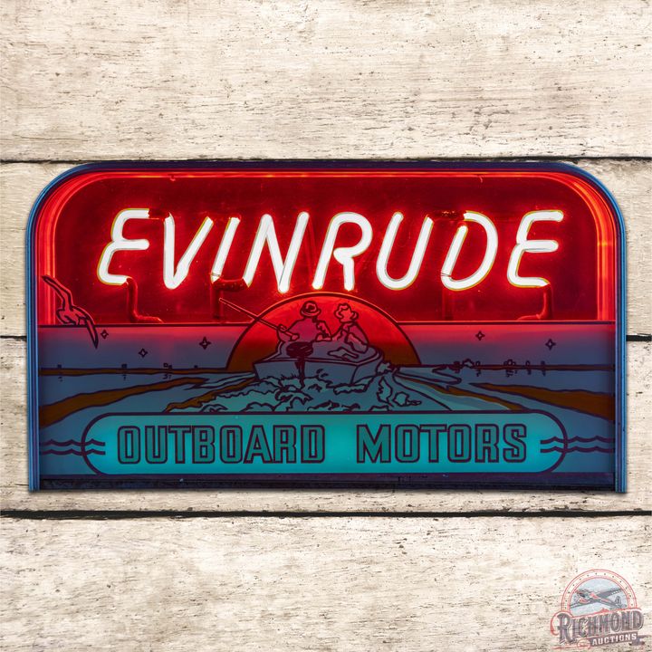 Scarce Evinrude Outboard Motors Reverse Painted Glass Neon Advertising Sign