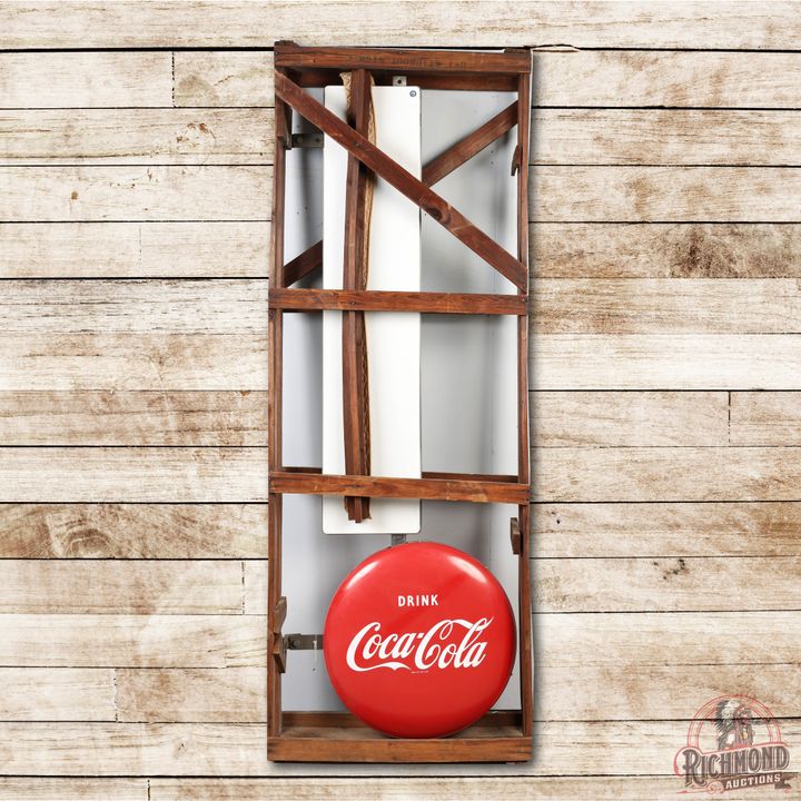 New In Original Crate Drink Coca-Cola Buttons & Vertical Porcelain Sign TAC 9