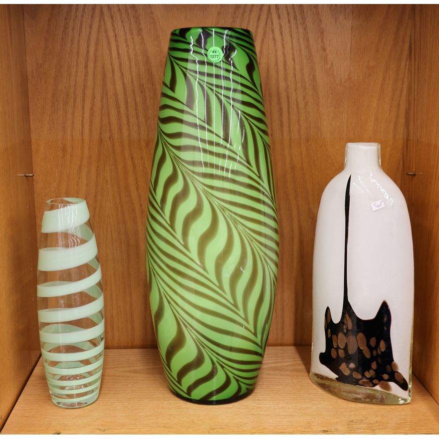 3pc Modern Green Swirl Art Glass Vases etc. 11'' to 20''