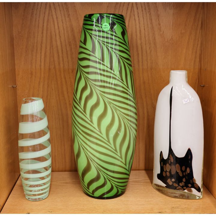 3pc Modern Green Swirl Art Glass Vases etc. 11'' to 20''