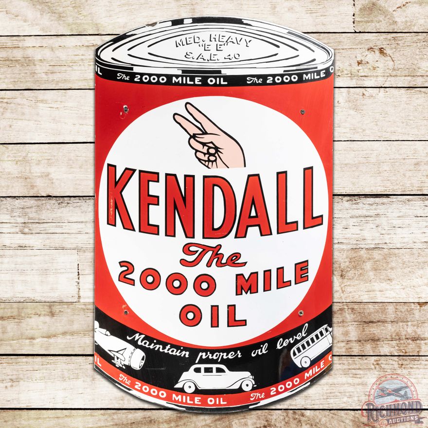 Kendall The 2000 Mile Oil Curved Oil Can Shaped Single Sided Porcelain Sign w/ Plane Car Bus