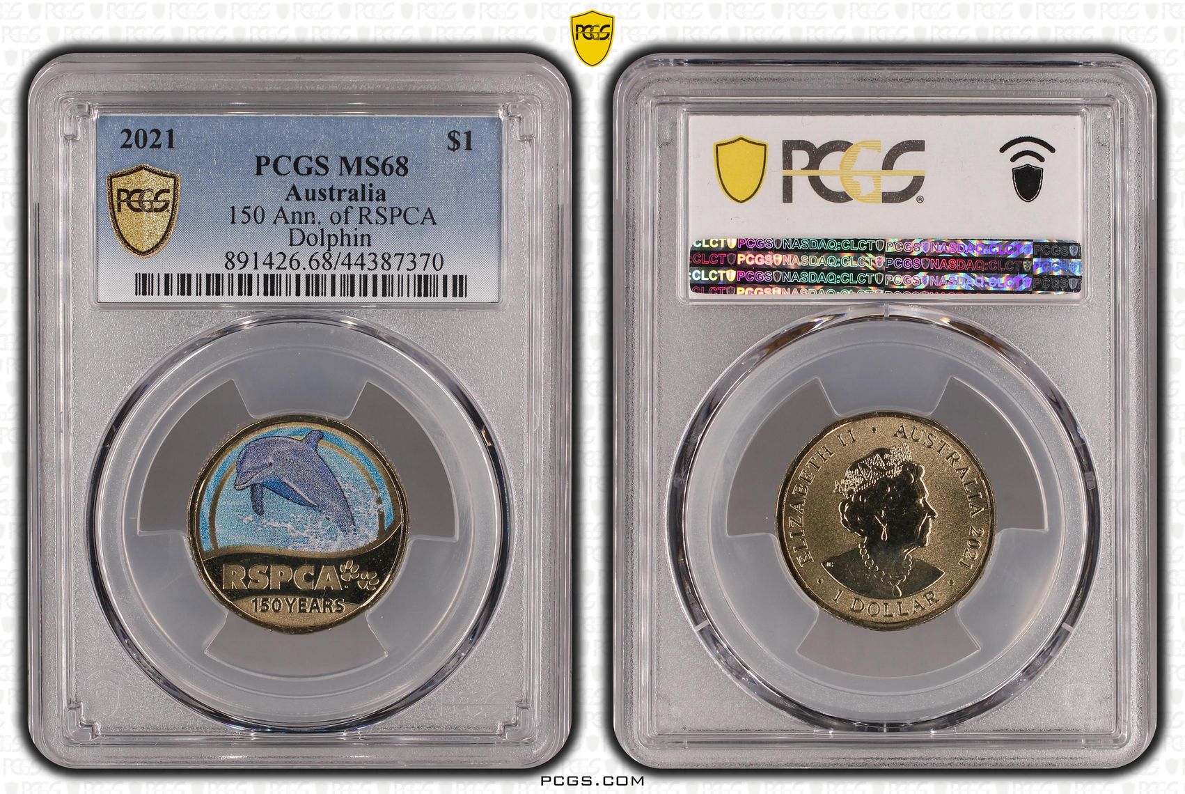 2021 Australia One Dollar, $1 150 Ann. of RSPCA Dolphin PCGS - MS68 POP 10/0 -370