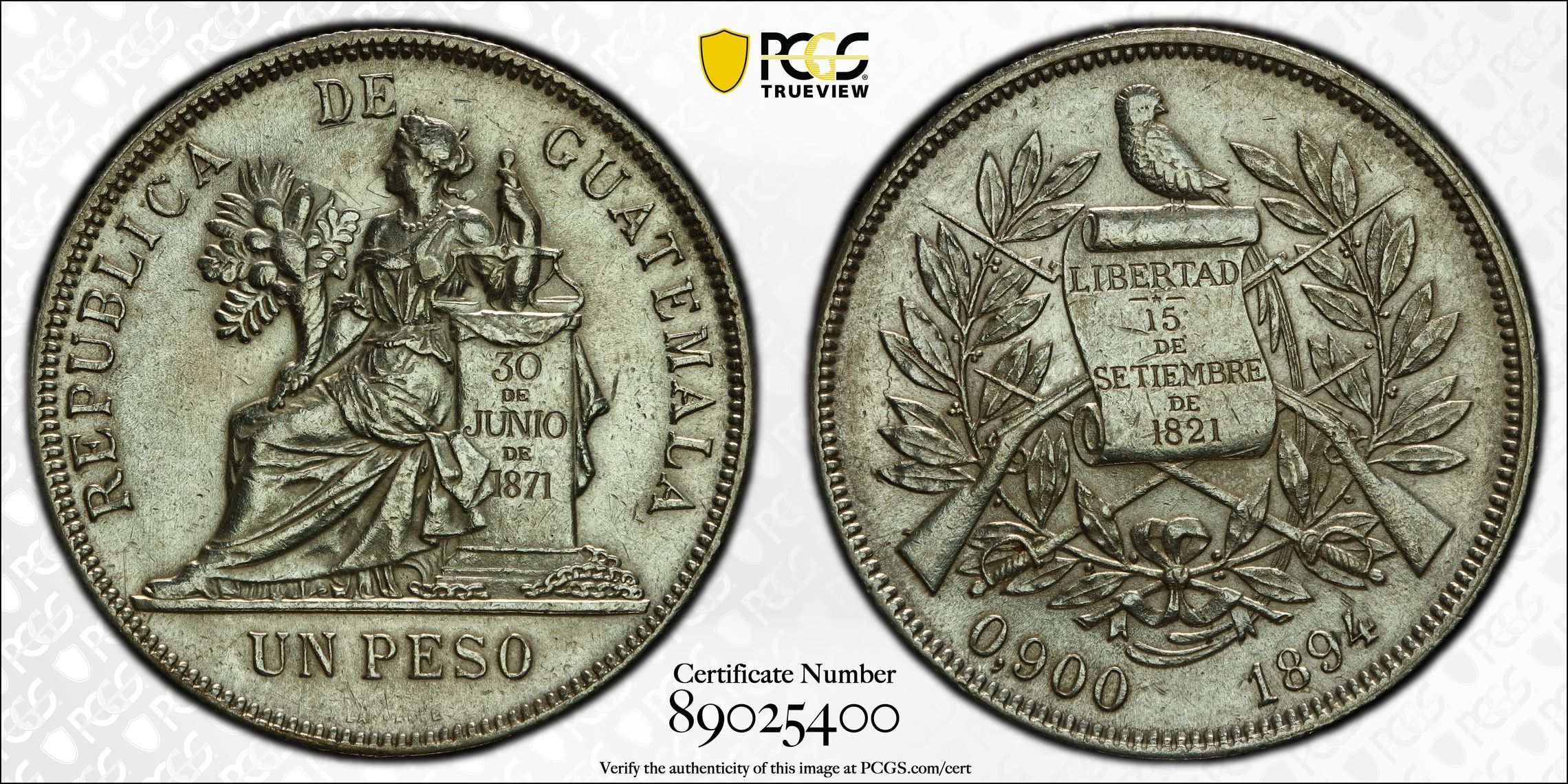 Guatemala, KM-210, Peso, 1894, PCGS Genuine - AU Details (92 - Cleaned)