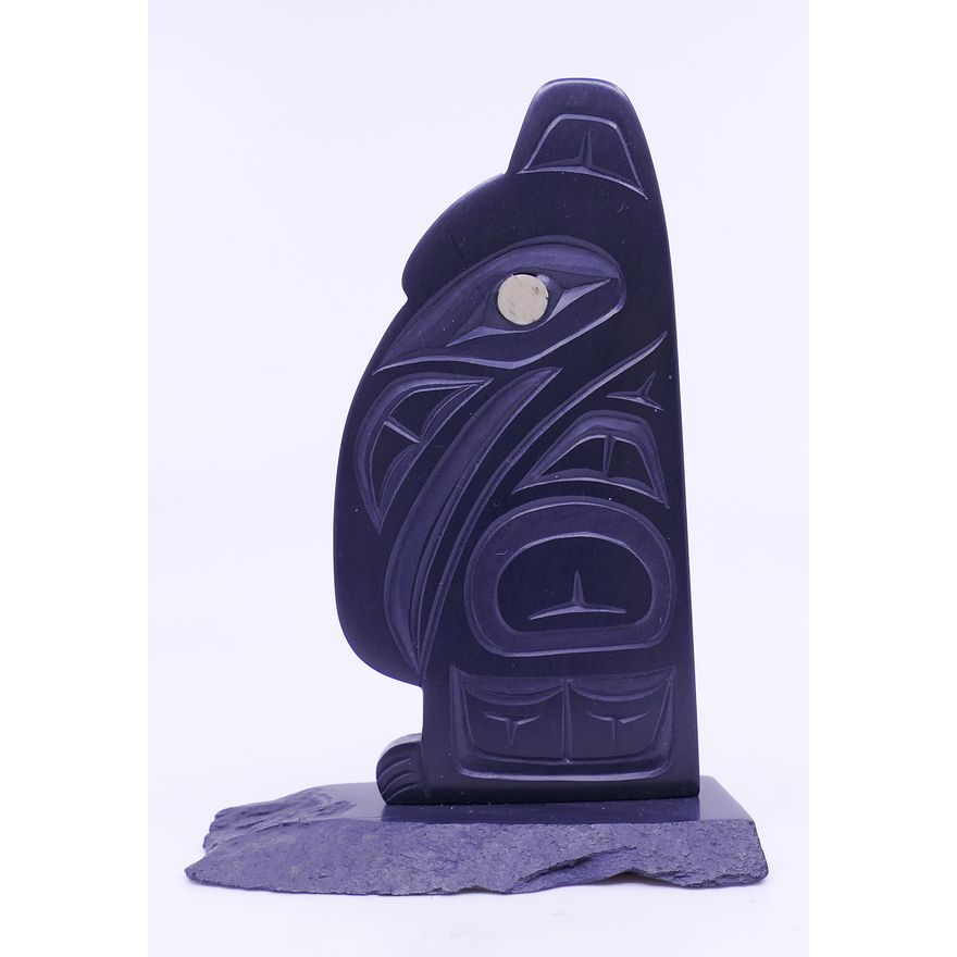 Glen Pollard Raven Argillite Totem Model- 3.75''