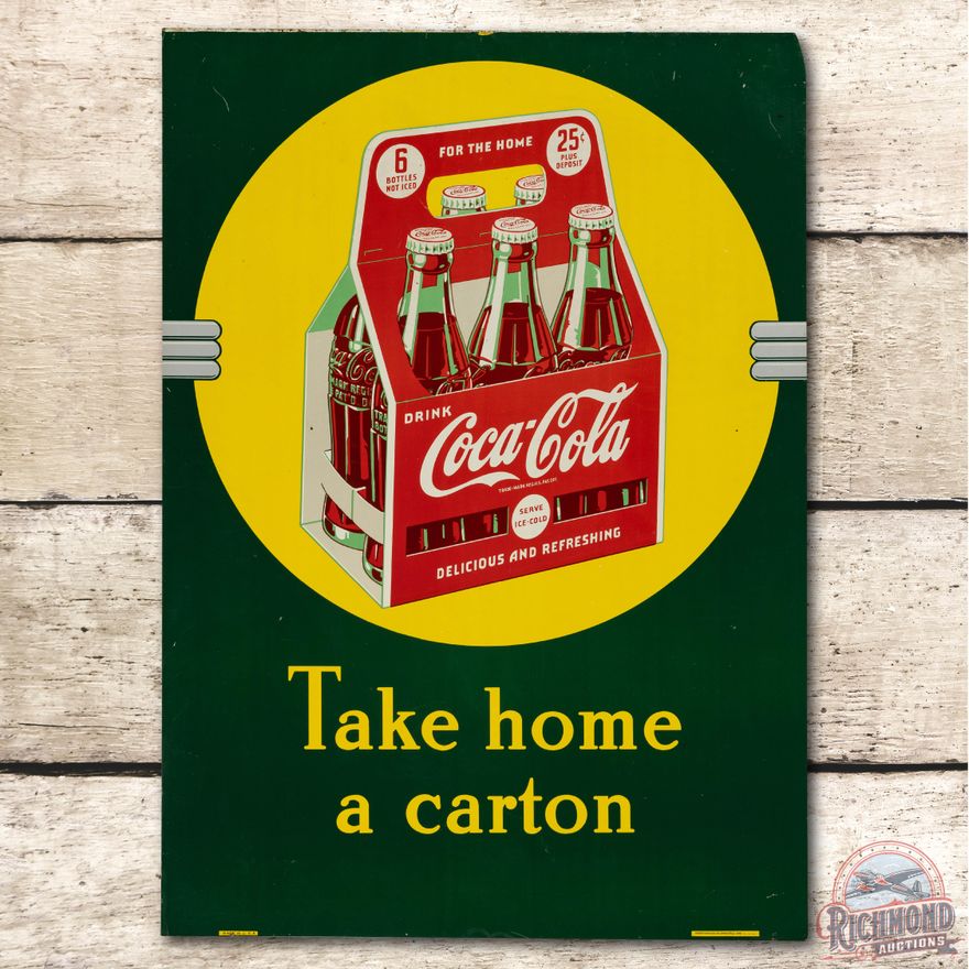 1941 Coca Cola Take Home A Carton w/ 6 Pack Embossed Tin Sign