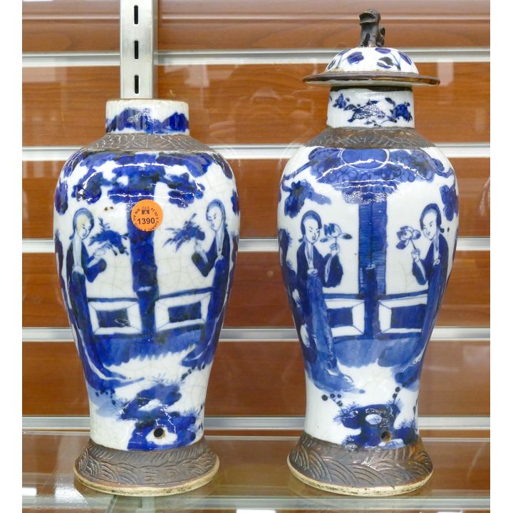 Pair Old Chinese B&W Porelain Covered Vases 10'' to 12''
