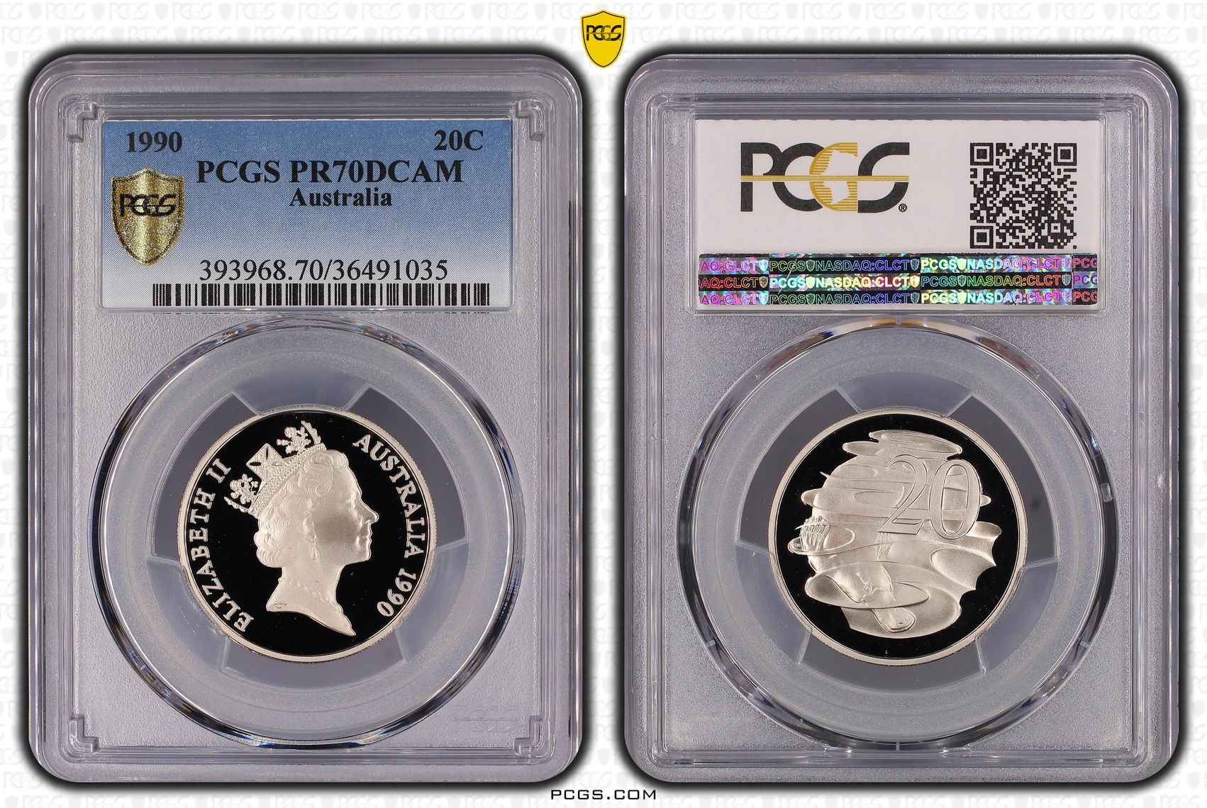 Top pop, Twenty Cent, 1990, PCGS PR70DCAM