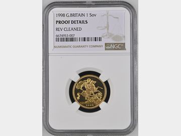 1998 ELIZABETH II PROOF GOLD SOVEREIGN NGC DETAILS REVERSE CLEANED