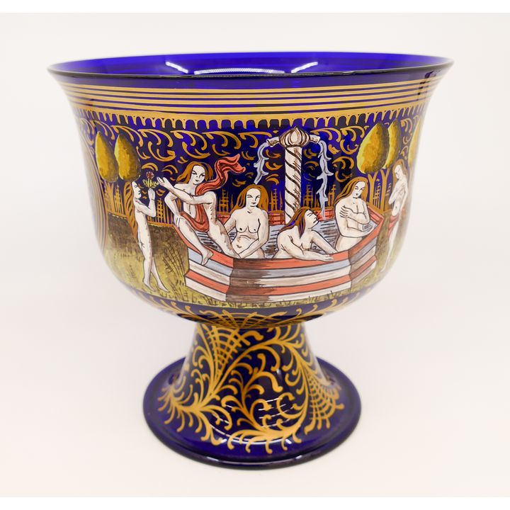 Venetian Enameled Cobalt Glass Compote- 8''
