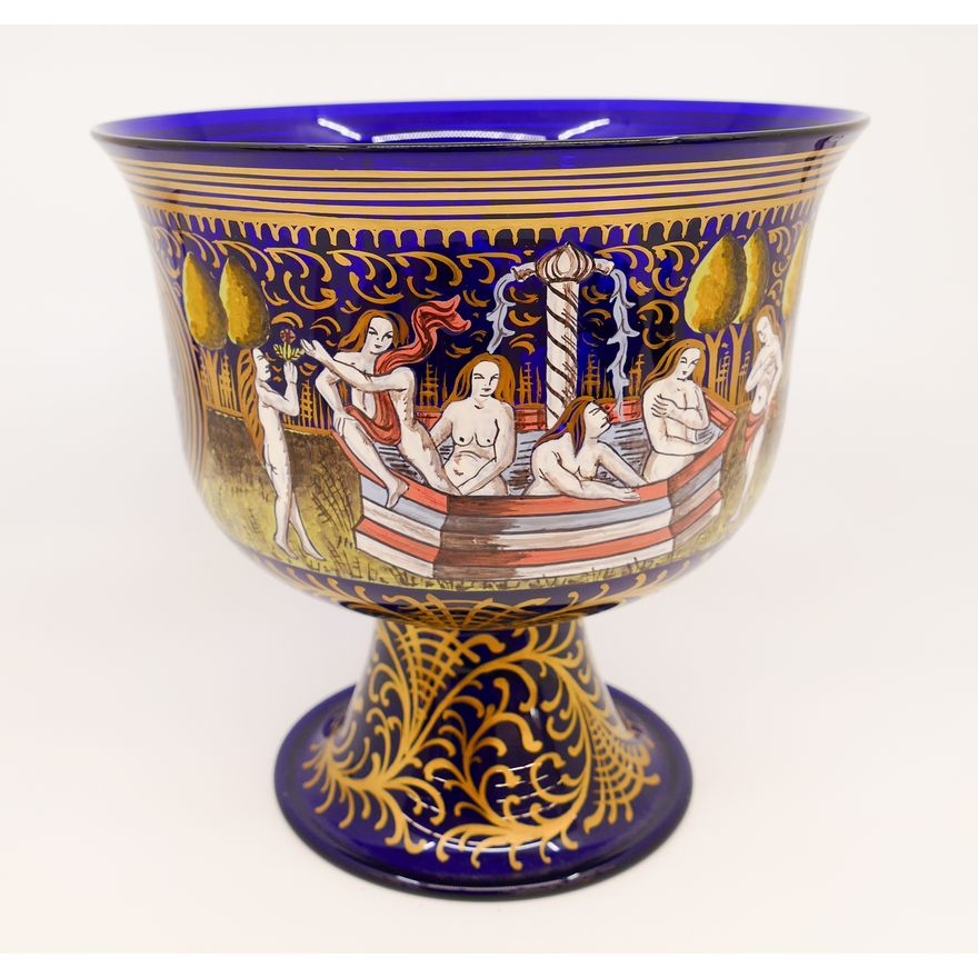Venetian Enameled Cobalt Glass Compote- 8''