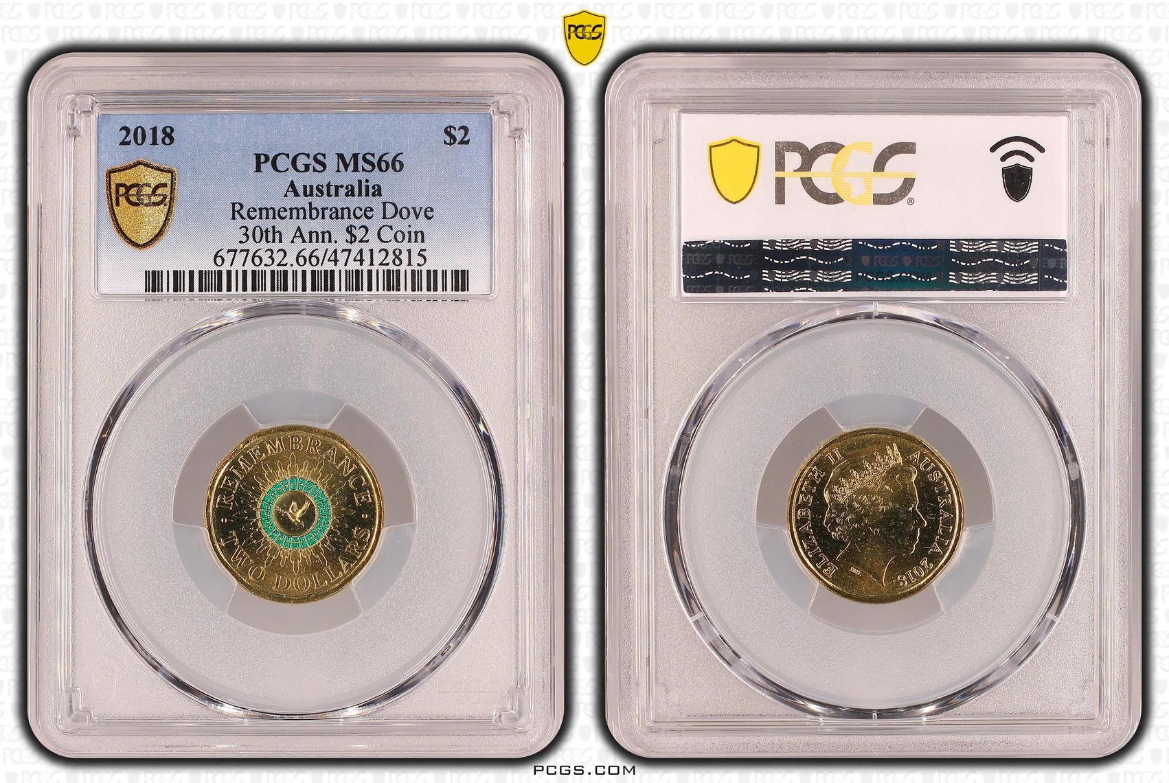 479 · Elizabeth II, Remembrance Dove Colorized 30th Ann. $2 Coin , Two Dollar, 2018, PCGS MS66