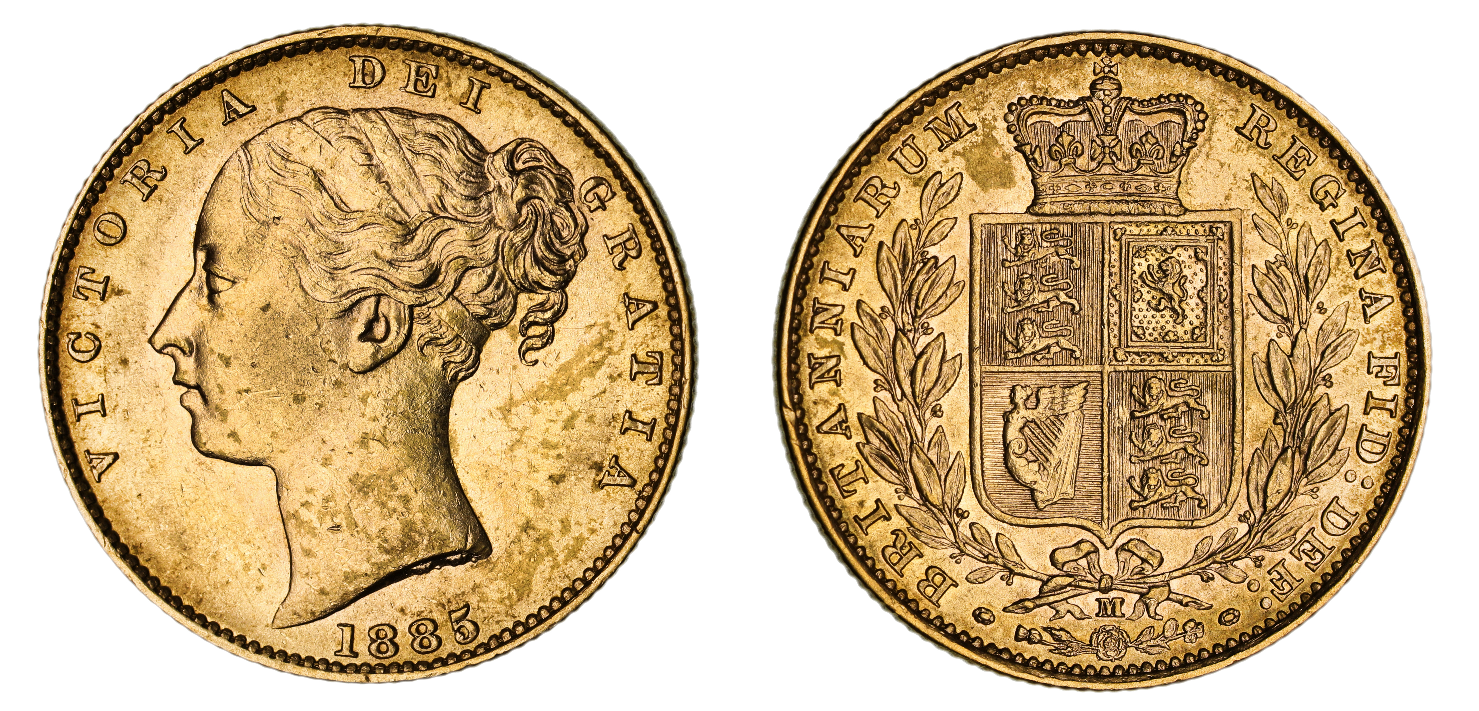 Victoria, Shield Reverse - Melbourne Mint - Young, Sovereign, 1885, aUNC