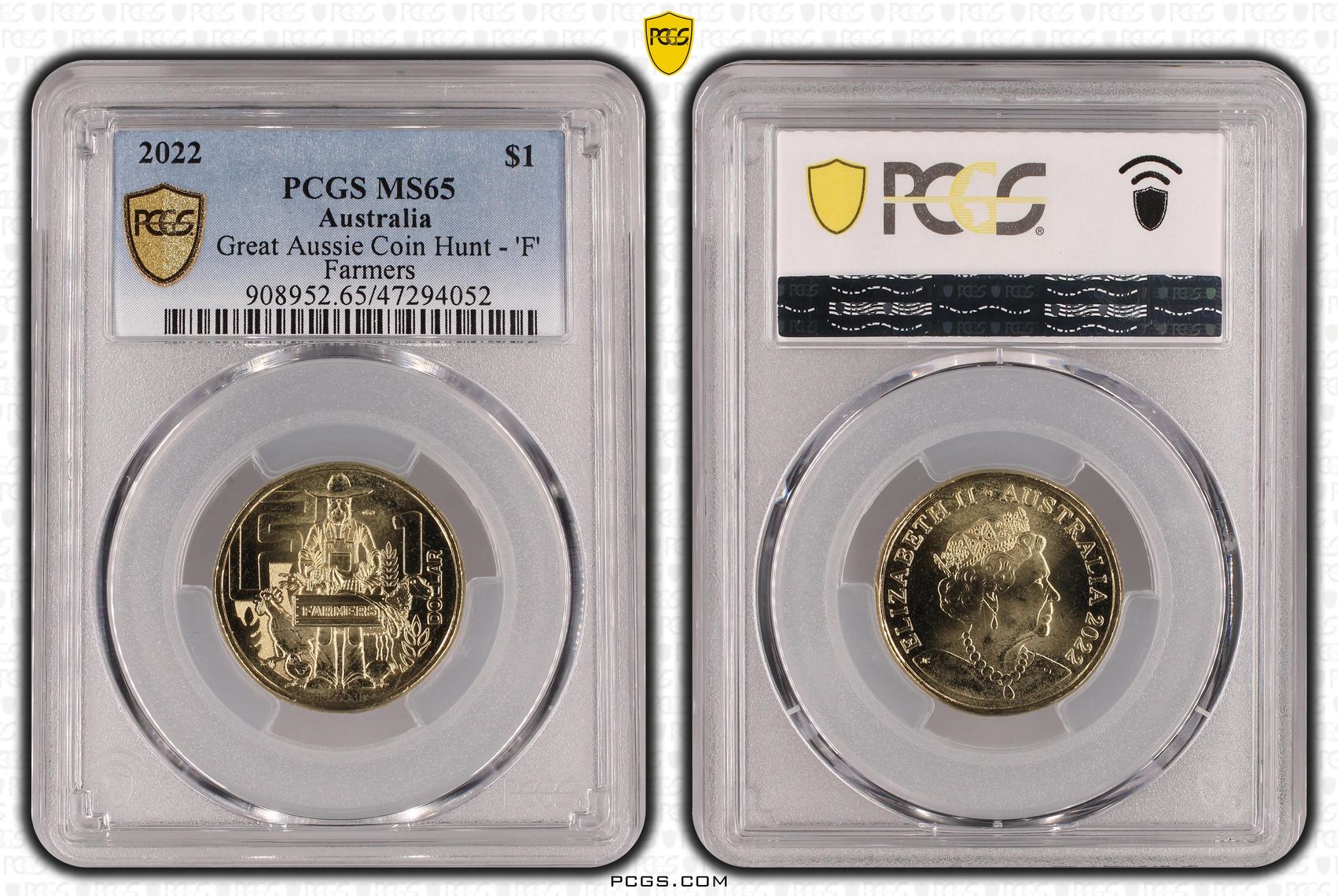 Great Aussie Coin Hunt - 'F', One Dollar, 2022, PCGS MS 65