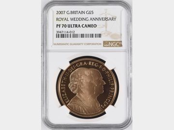 2007 ELIZABETH II 'ROYAL WEDDING' PROOF GOLD 5 POUND PF70 UCAM