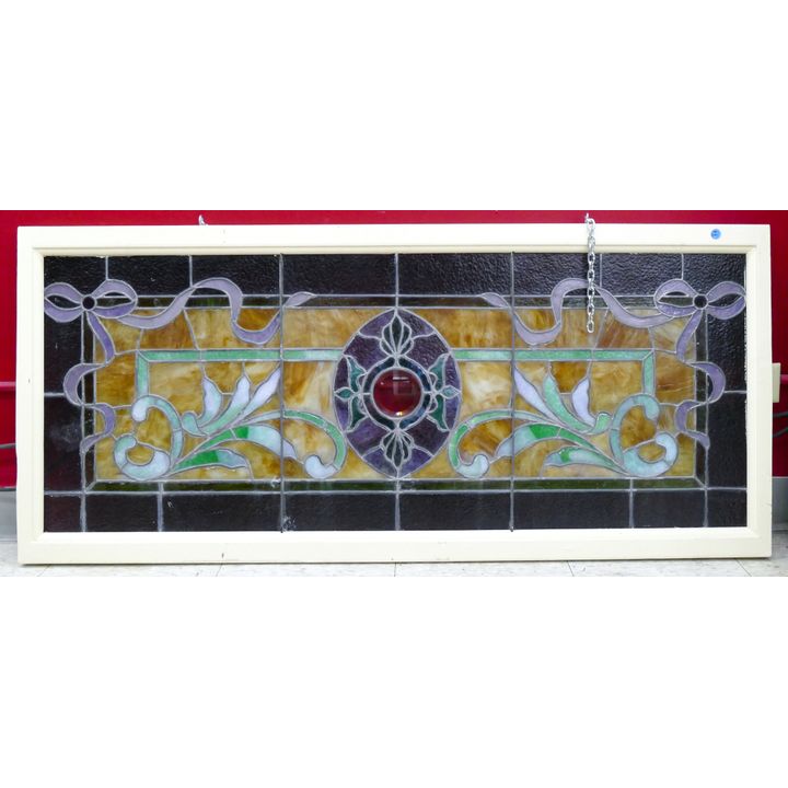 Antique Stained & Leaded Glass Window Panel 24''x52''