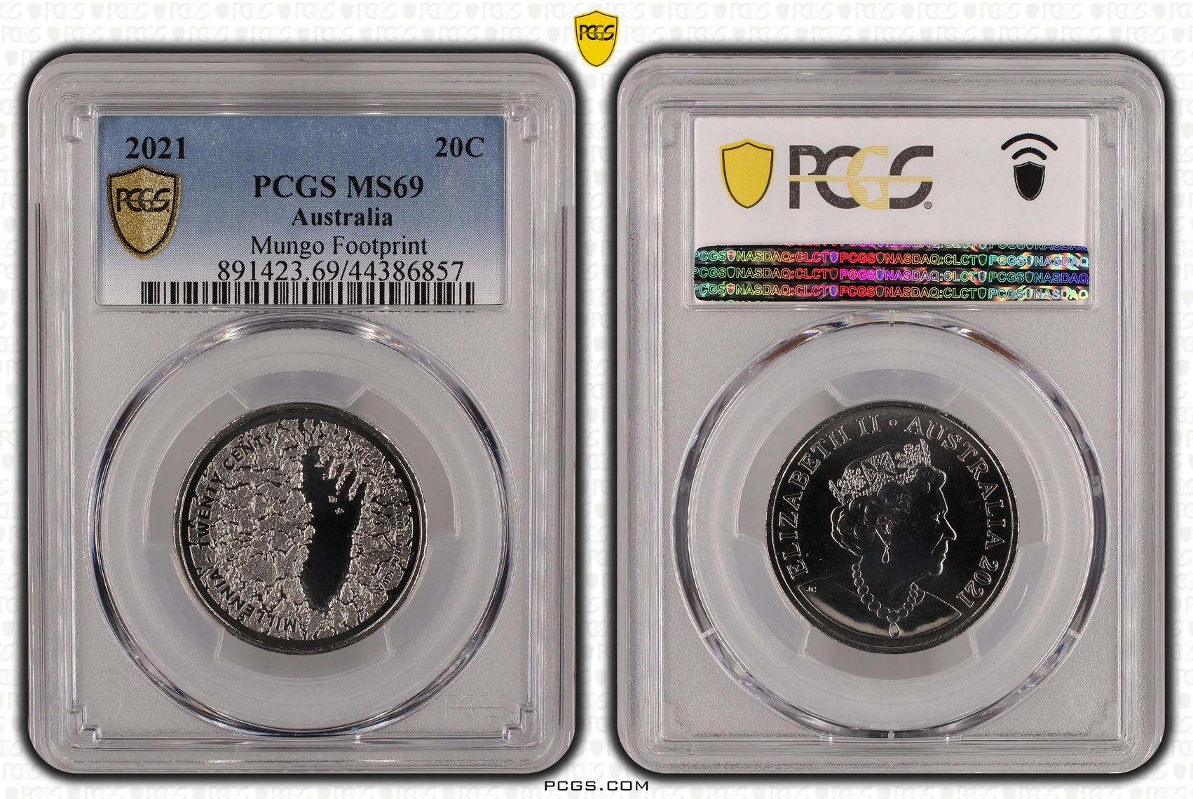 Elizabeth II, Mungo Footprint, Twenty Cent, 2021, PCGS MS69