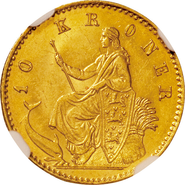 デンマーク- Denmark. NGC MS63. 極美／未. AU. Gold. 10クローネ