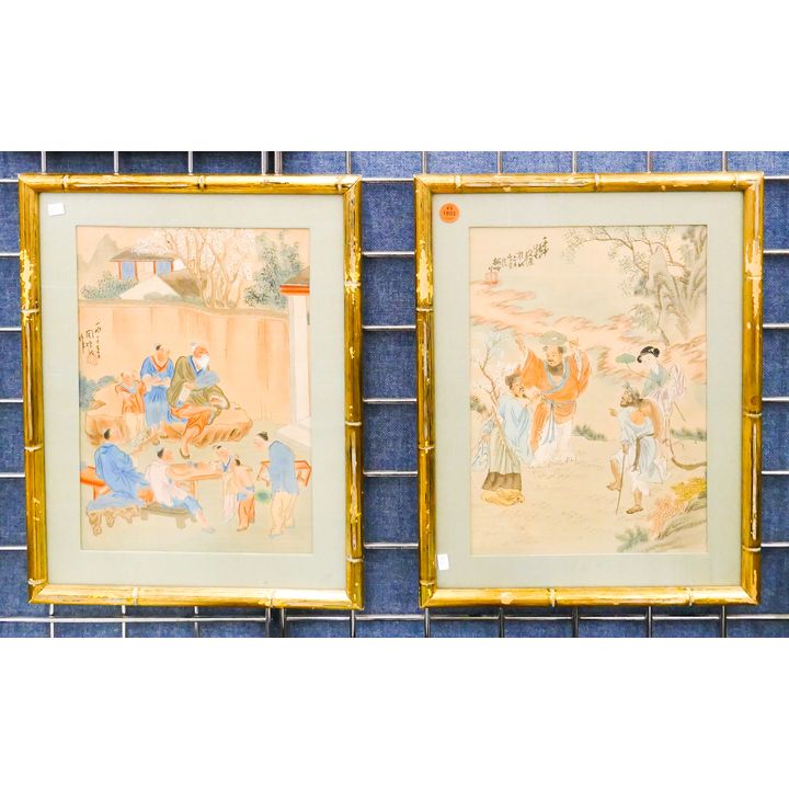 Pair Chinese Painted Silk Figure Scenes Framed- 17x13''