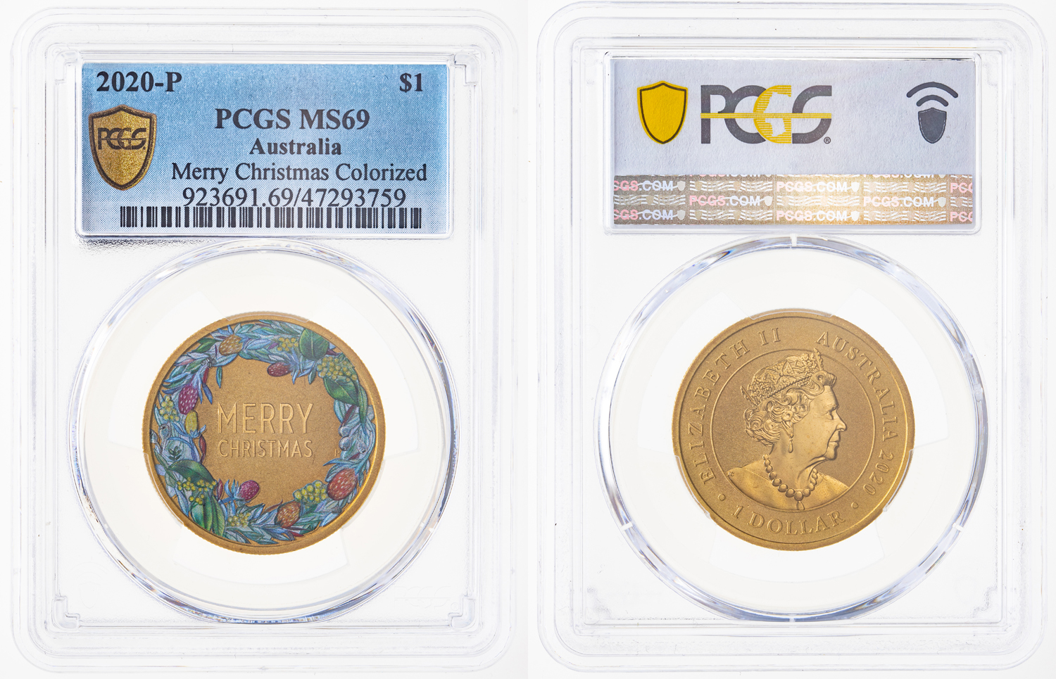Merry Christmas Colorized, One Dollar, 2020-P POP Report 4/0, PCGS MS 69