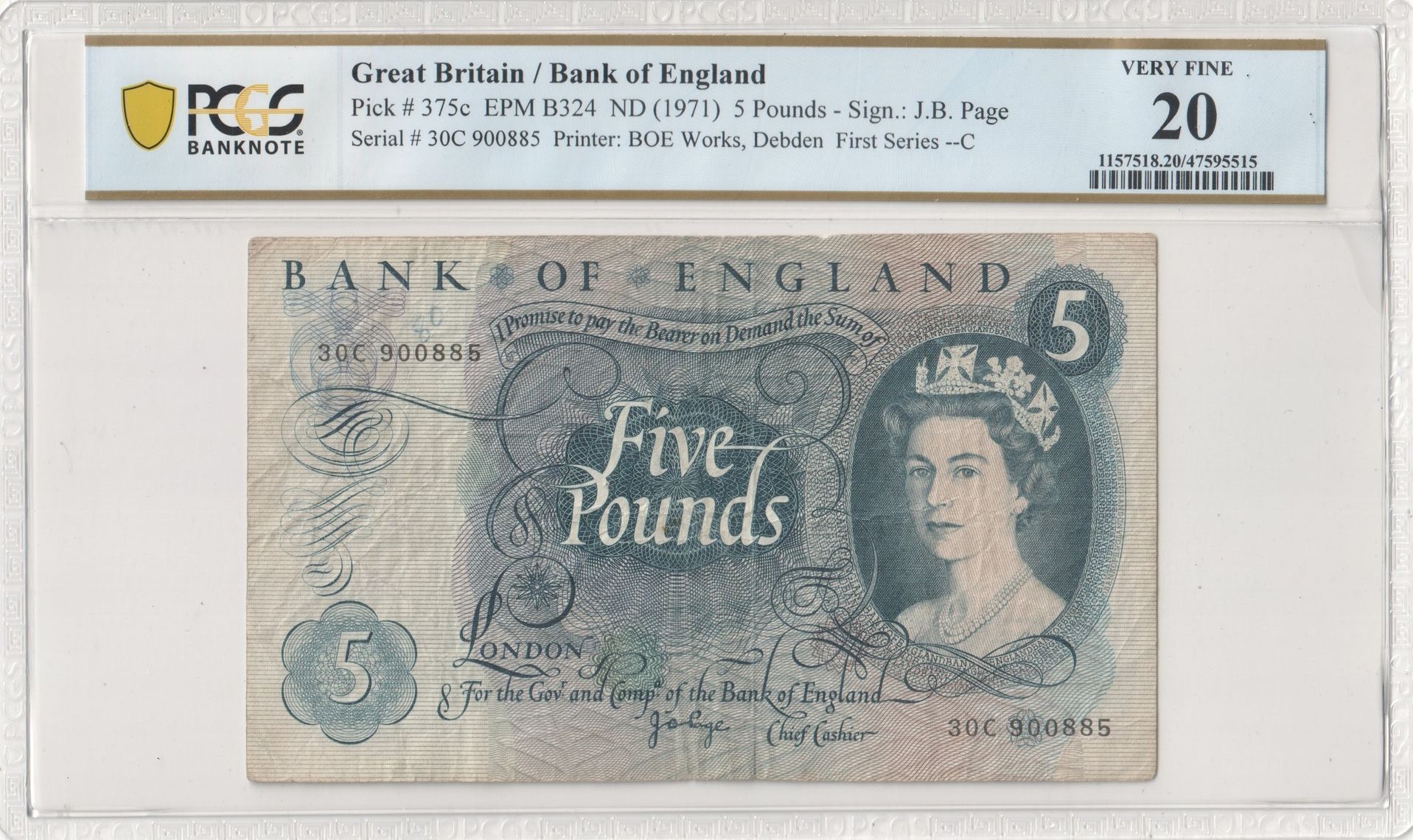 Great Britain, BOE Works, Debden, J.B. Page, First Series --C, Five Pound, 1971, PCGS Very Fine 20