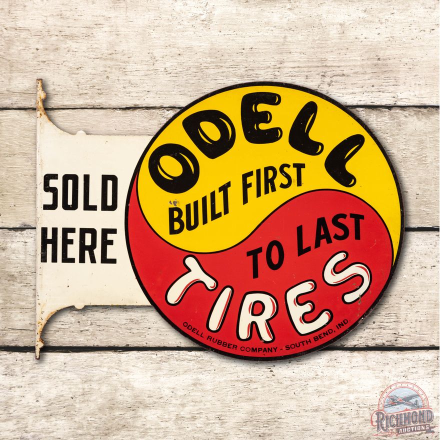 Odell Tires Sold Here Built First To Last Tin Flange Sign TAC 8.25 & 8