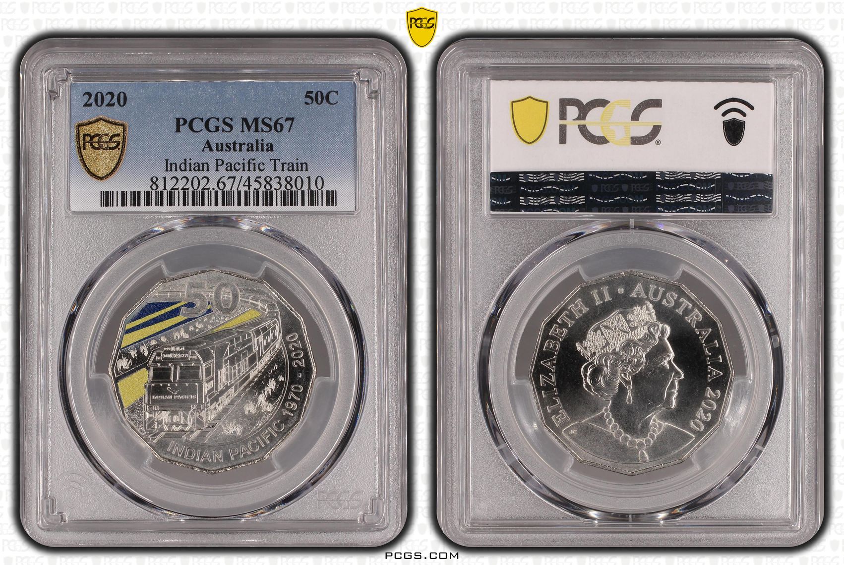 Indian Pacific Train Colourised, Fifty Cent, 2020, PCGS MS67