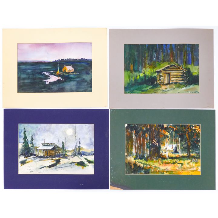 4pc Gene Amondson ''Cabin Scene'' Watercolors Matted 22''x29''