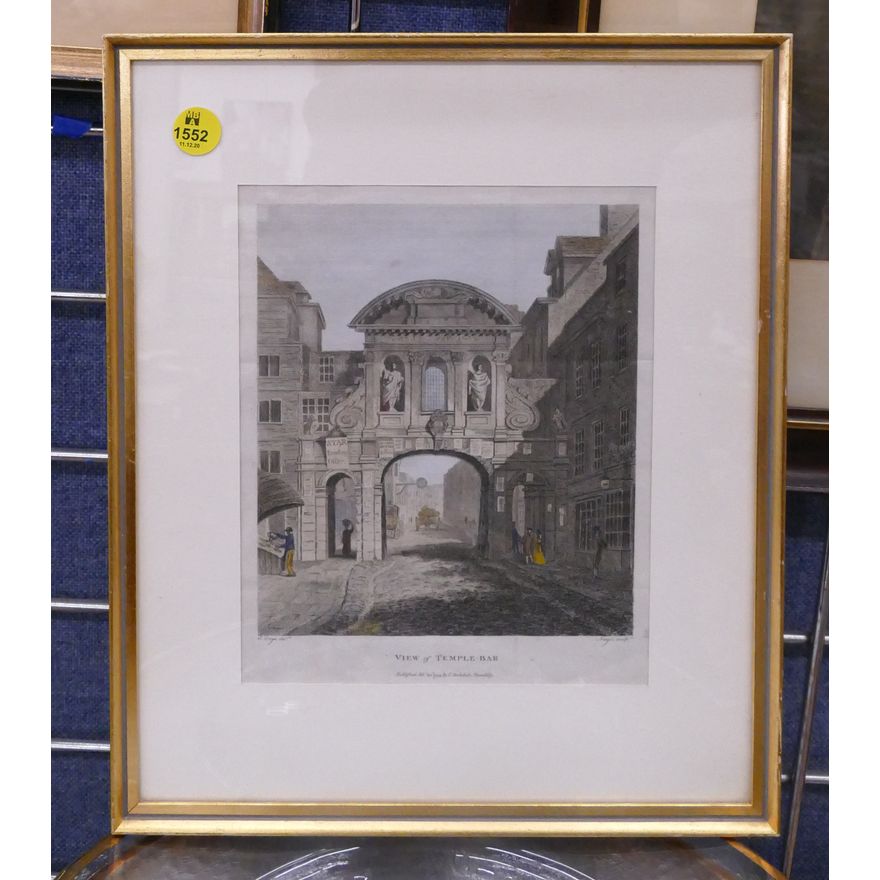Antique View of Temple Bar, London. Framed- 12.5x10.5''