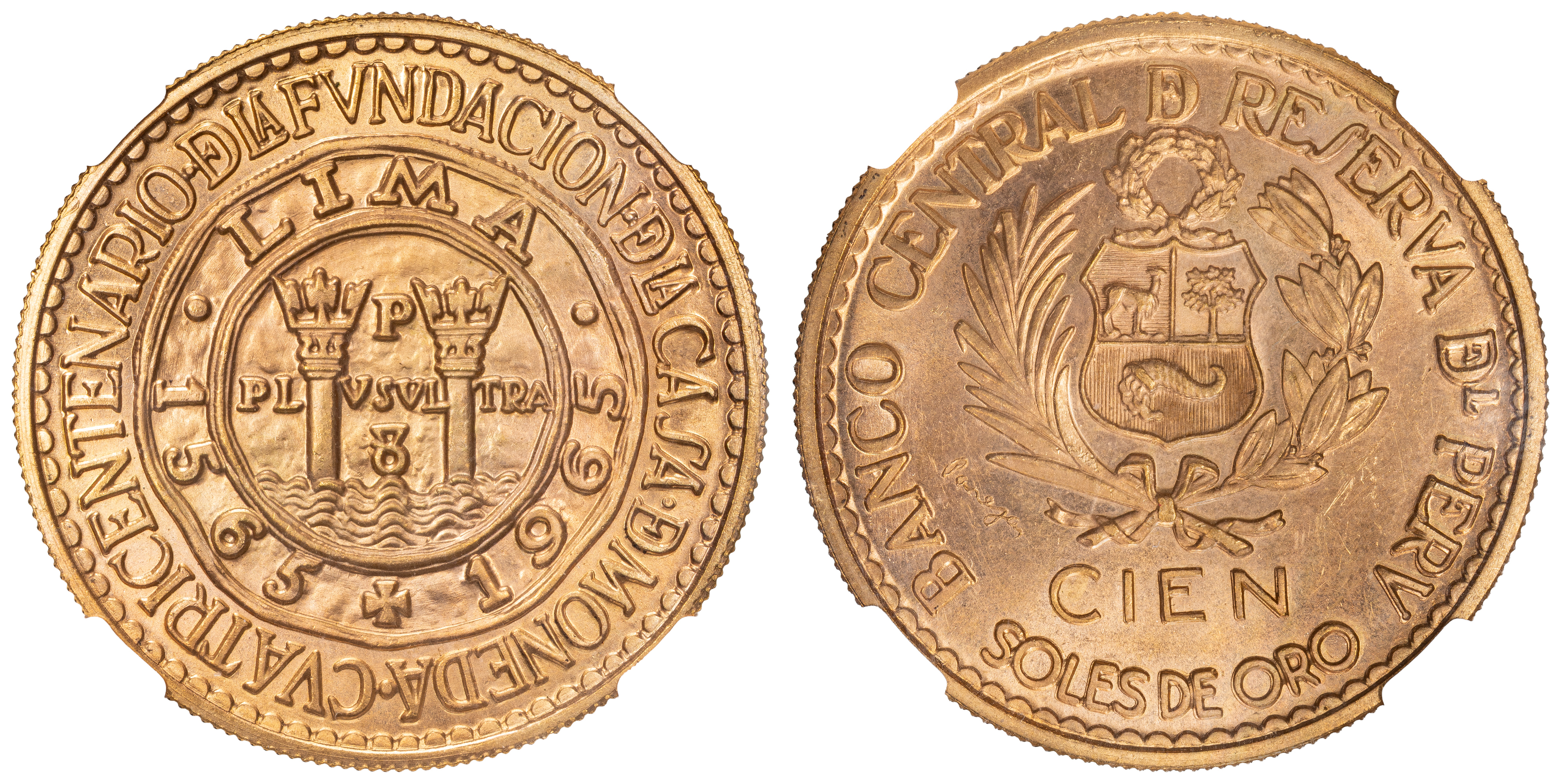 Peru, 400th Anniversary of the Lima Mint, One Hundred Soles, 1965, NGC MS66