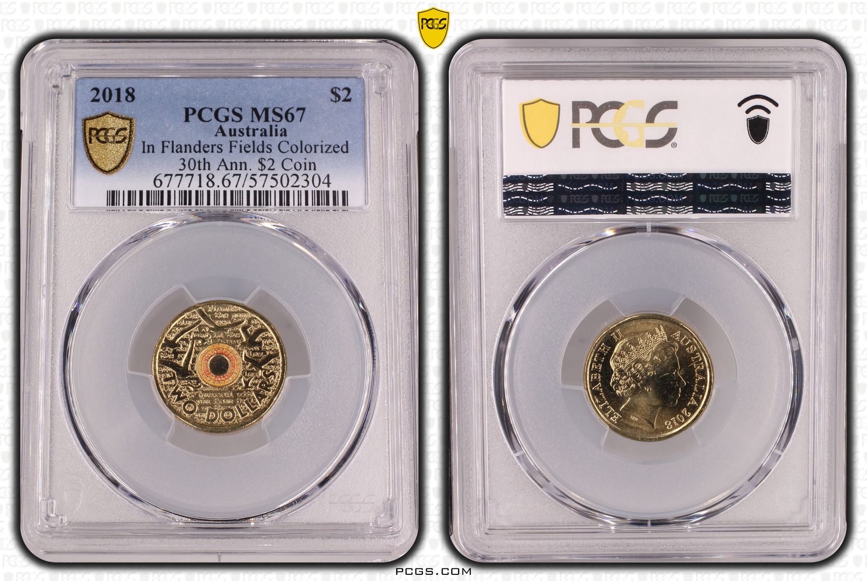 486 · In Flanders Fields Colourised 30th Ann. $2 Coin, Two Dollar, 2018, PCGS MS67