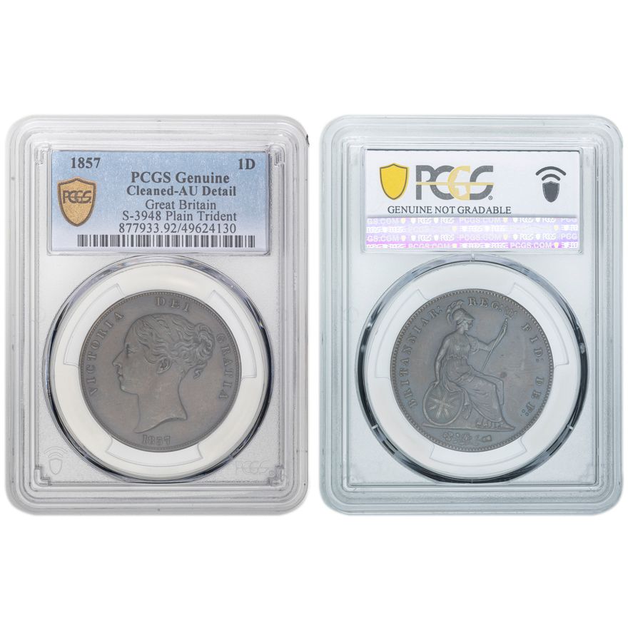 Great Britain, Victoria, Young Head, Penny, 1857, PCGS Genuine Cleaned-AU Detail