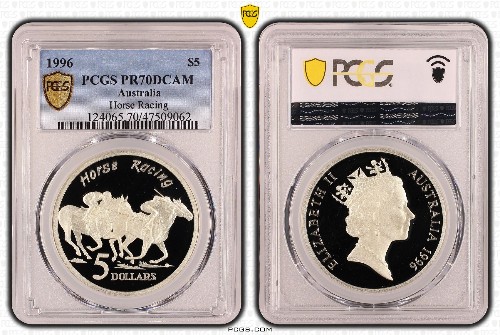 Elizabeth II, Horse Racing, Pop 8/0, Five Dollar, 1996, PCGS PR70DCAM