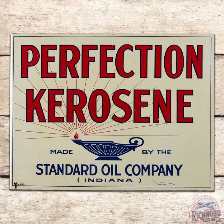Perfection Kerosene Standard Oil Co. of Indiana Double Sided Tin Flange Sign w/ Lamp