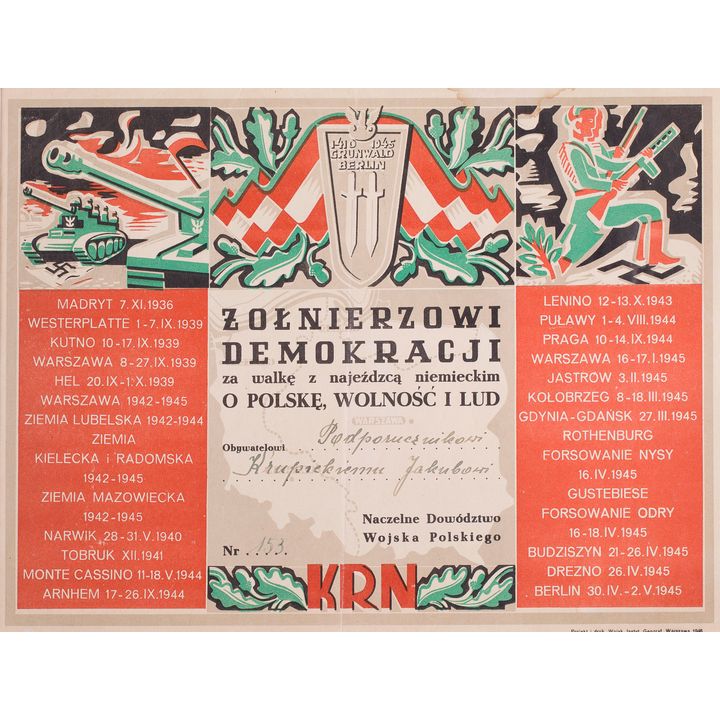Dyplom „Żołnierzowi demokracji za walkę z najeźdzcą niemieckim...”, 1946