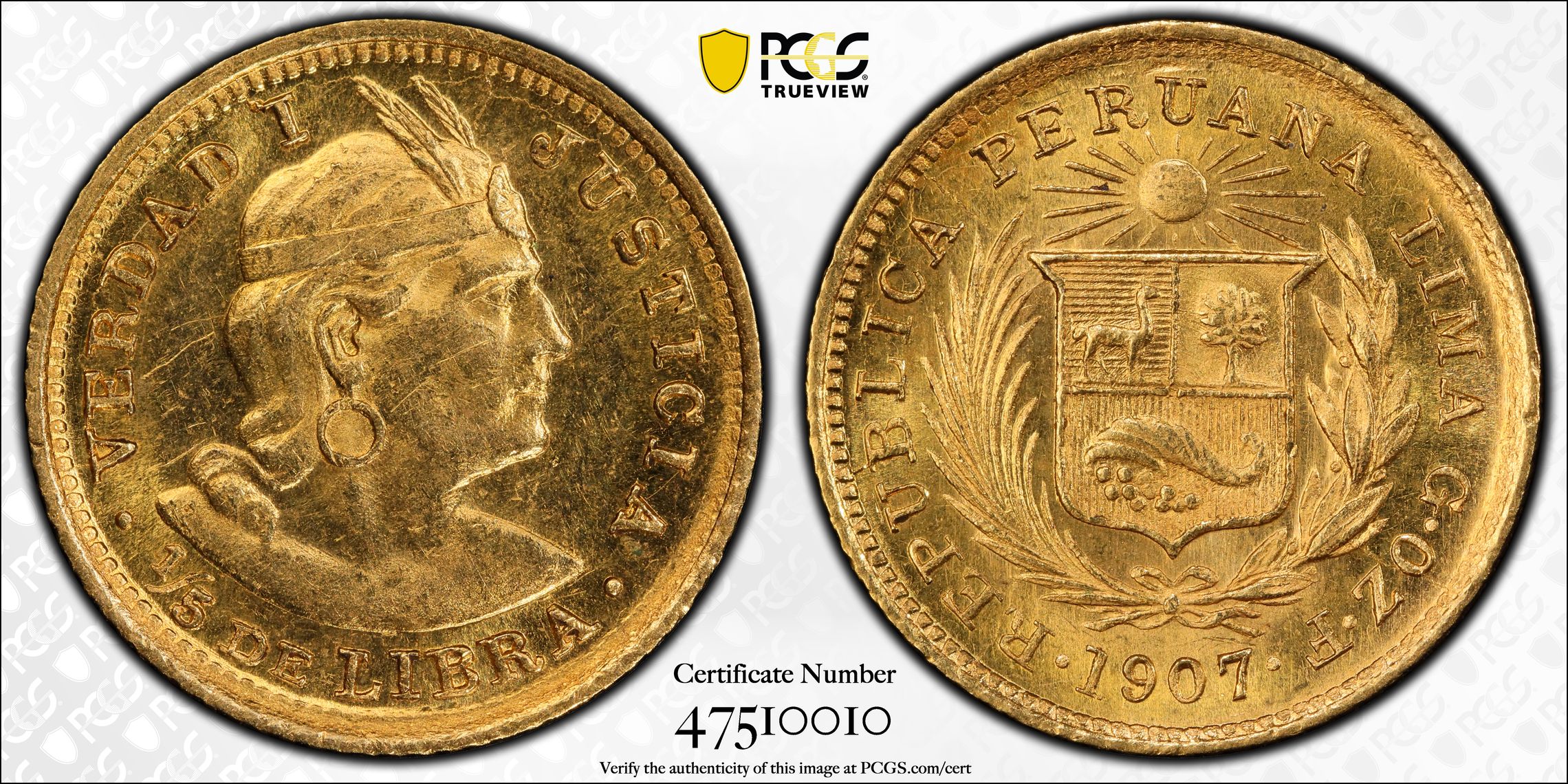 Peru, 1/5 Libre, 1907 GOZF, PCGS MS62