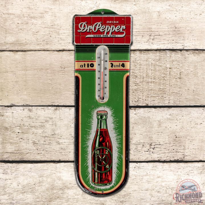 Drink Dr. Pepper "Good for Life" Single Sided Tin Thermometer Sign w/ Bottle