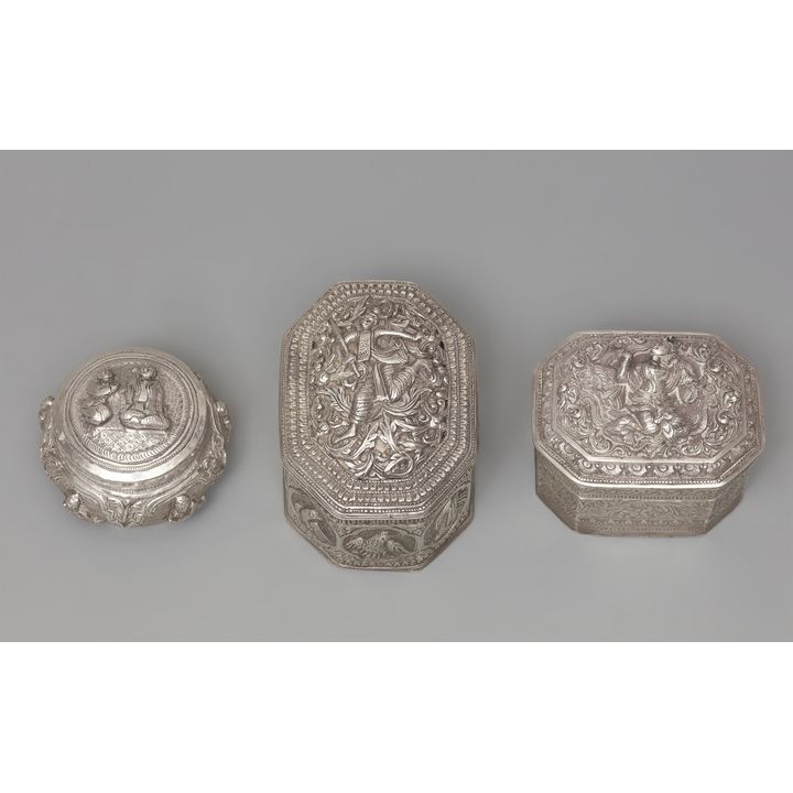 Three small Burmese silver lidded boxes. First half 20th century