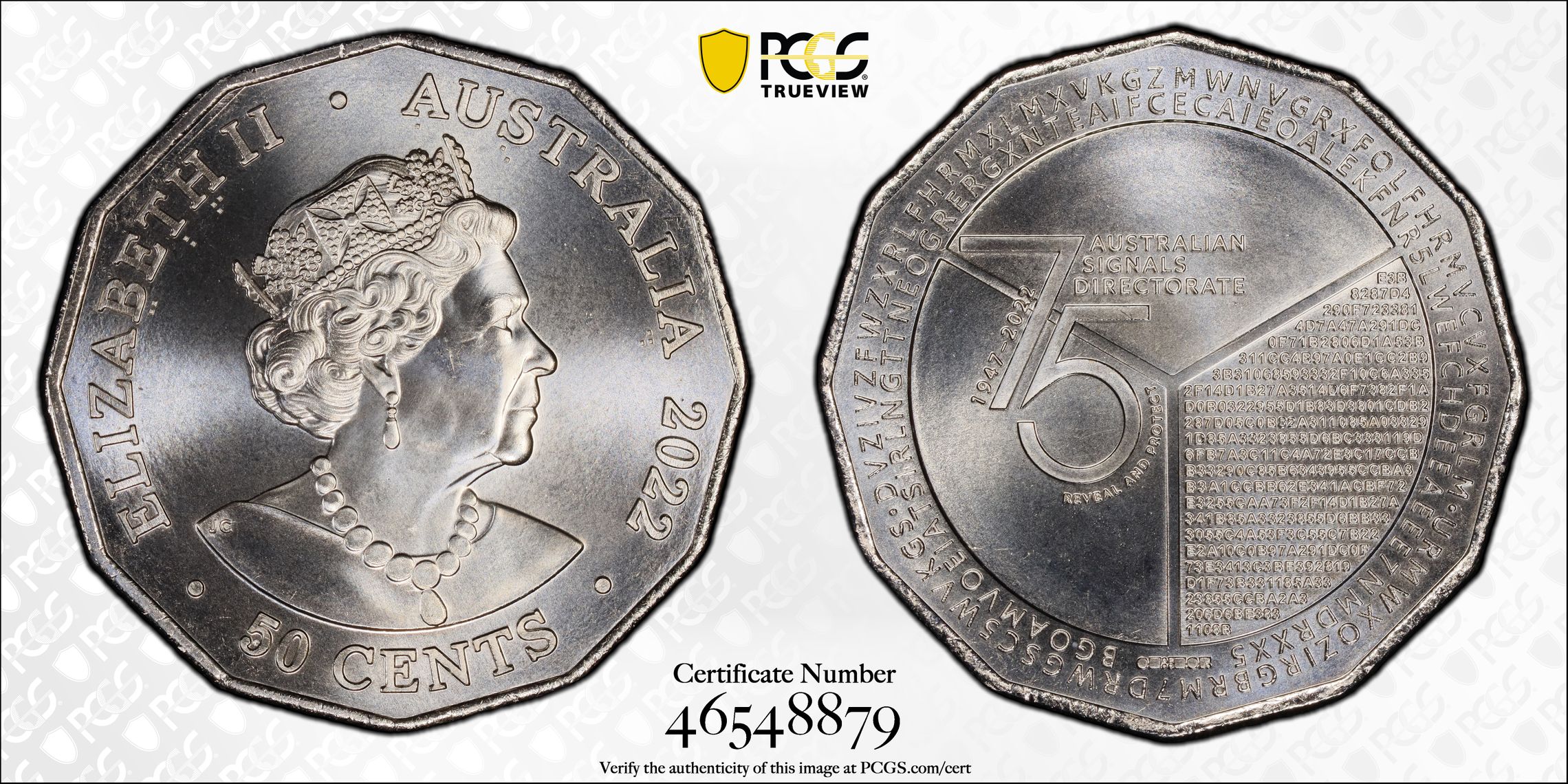 352 · Elizabeth II, 75th Ann. Signals Directorate , Fifty Cent, 2022, PCGS MS68