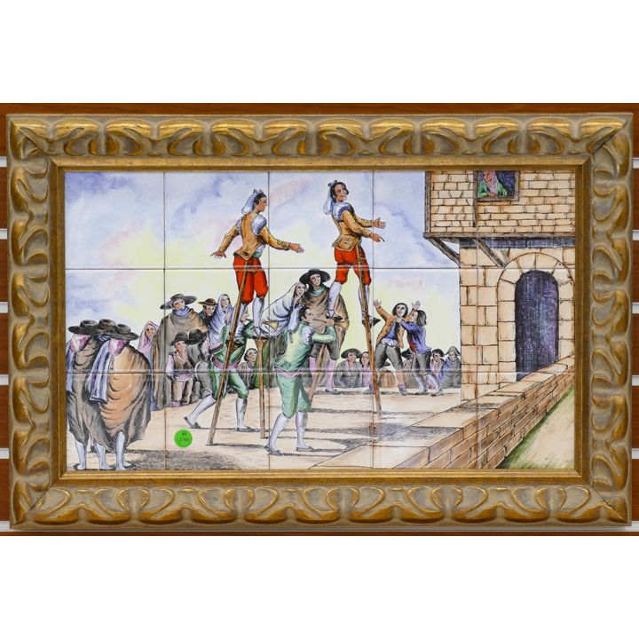 Spanish Stilt Walkers Painted Tile Set Framed 16''x25''