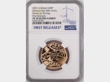 2021 'STRUCK ON THE DAY' DECIMALISATION DAY 50th ANNIVERSARY' PROOF GOLD 50 PENCE PF70 UCAM TOP POP!