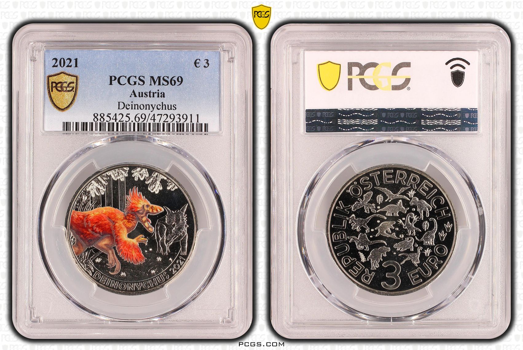 Austria, Deinonychus , 3 Euro, 2021, PCGS MS69