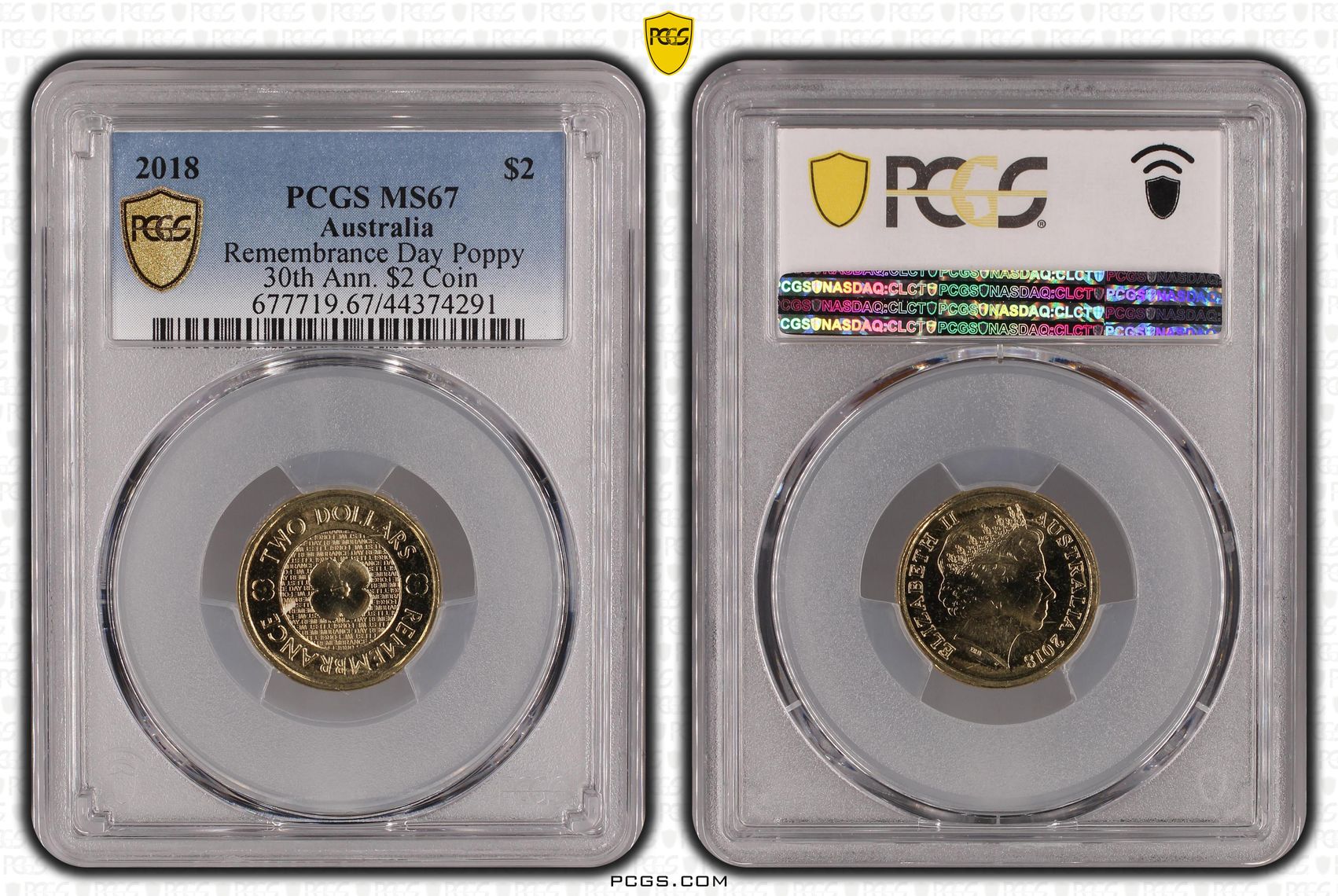 418 · Remembrance Day Poppy 30th Ann. $2 Coin , Two Dollar, 2018, PCGS MS67