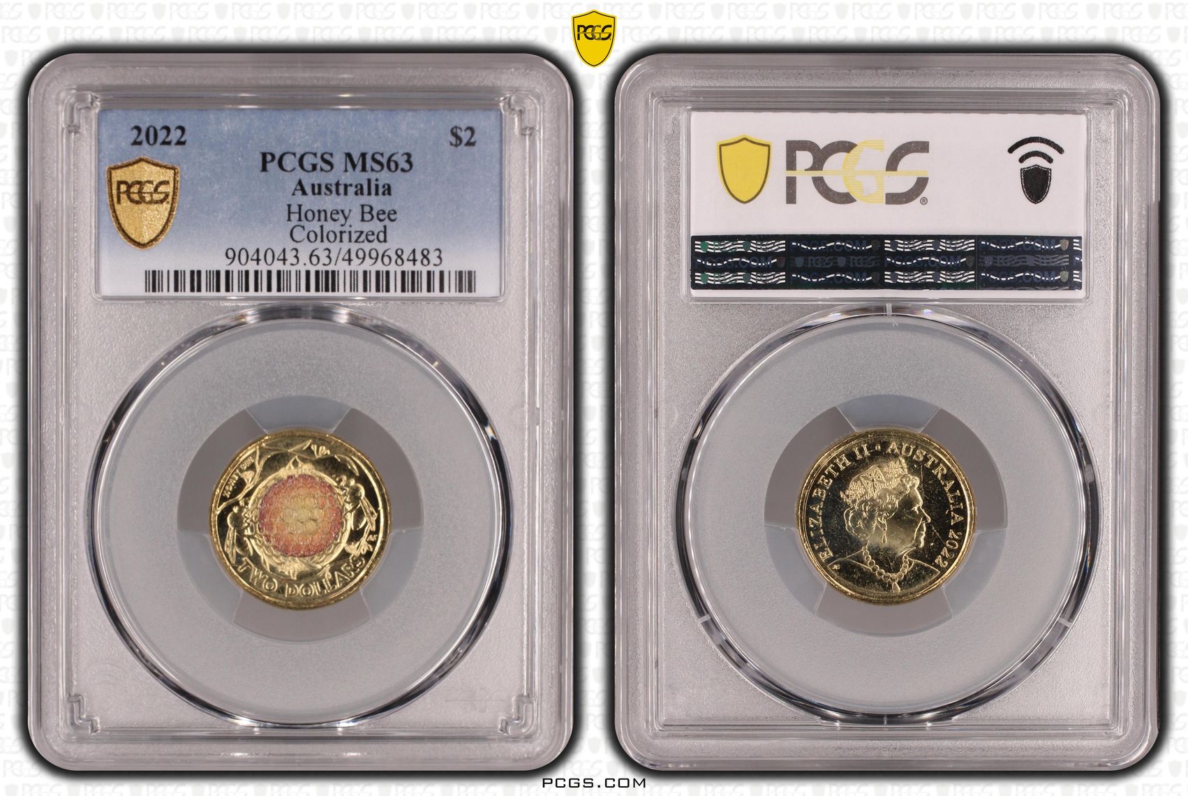 Honey Bee Colourised, Two Dollar, 2022, PCGS MS63