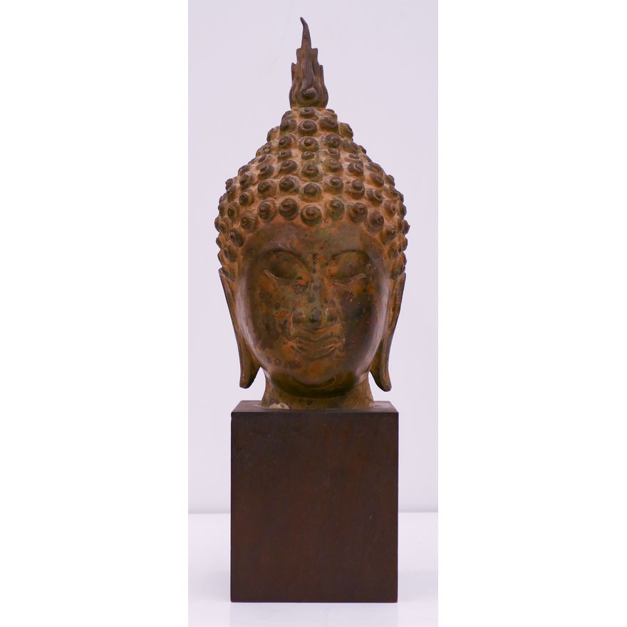 Old Thai Bronze Buddha Head on Pedestal 13.5''