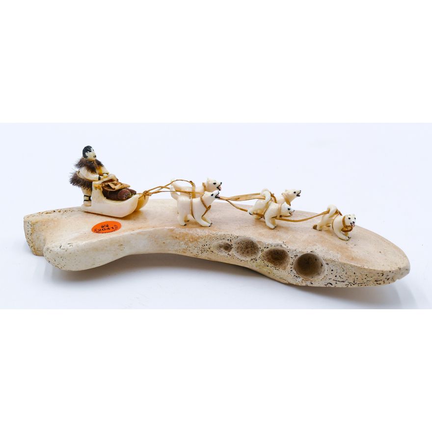 David Seppilu Inuit Carved Dog Sled Whale Bone Model 10''