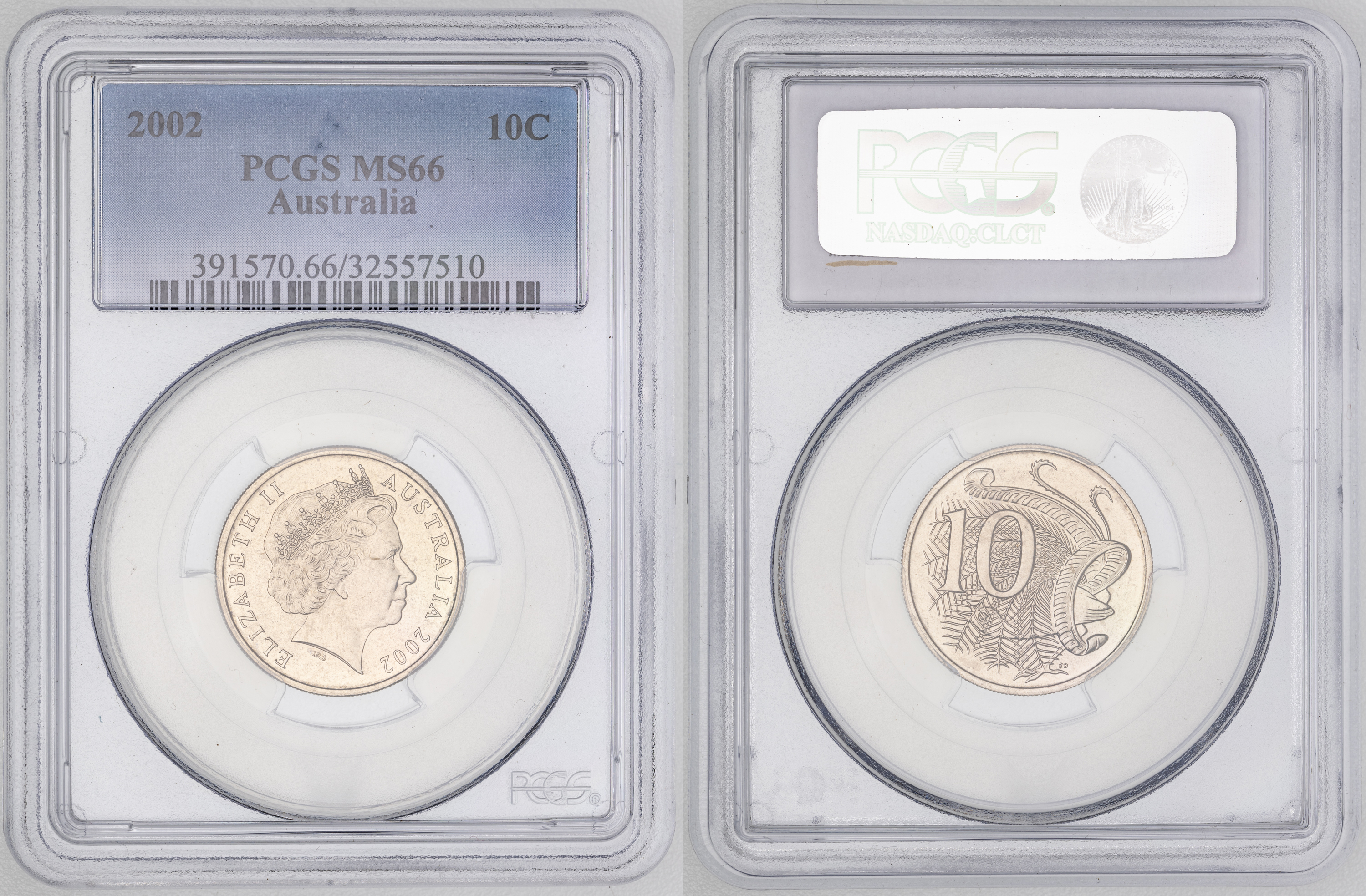 Elizabeth II, , Ten Cent, 2002, PCGS MS66