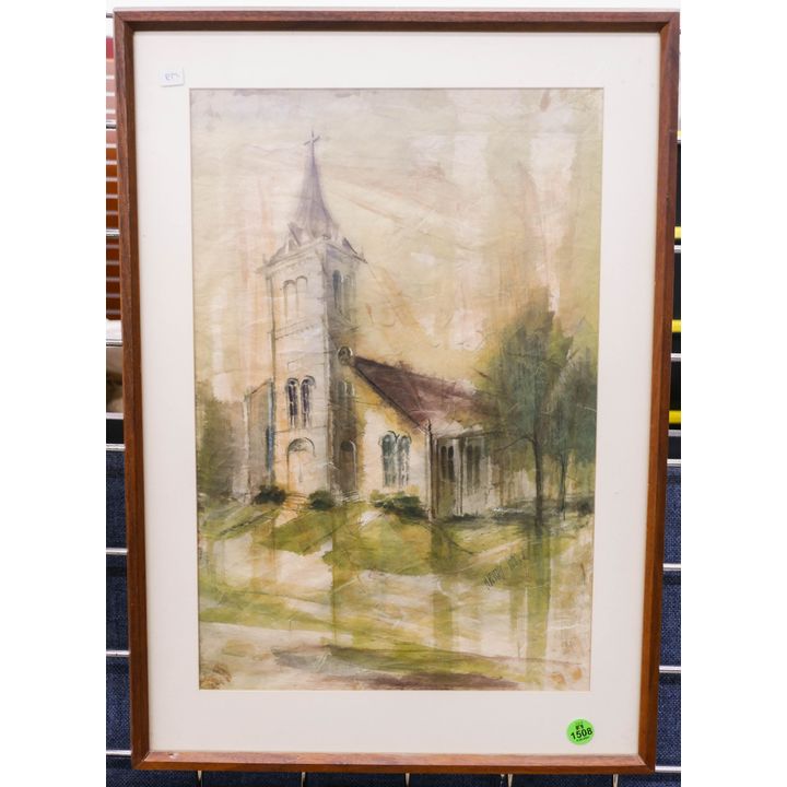 M. Beverly Bunn Midcentury Church Painting Framed- 21x14''
