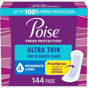 POISE ULTRA THIN INCONTINENCE PADS & POSTPARTUM INCONTINENCE PADS 4 DROP MODERATE ABSORBENCY LONG LENGTH 144 COUNT (3 PACKS OF