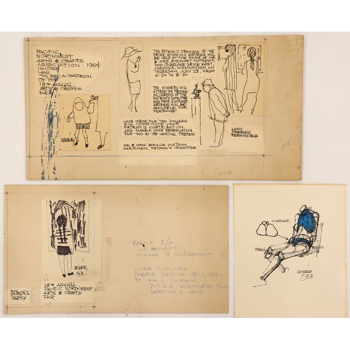 3pc William Cumming 1963 PNW Arts & Crafts Fair Ink Studies 11''x22''